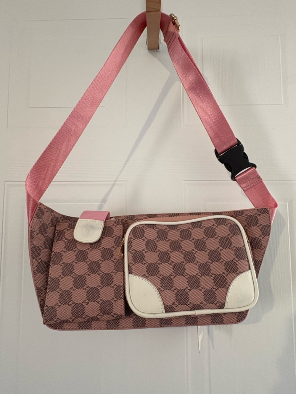 Pink Checker Pattern Crossbody Bag with White Trim